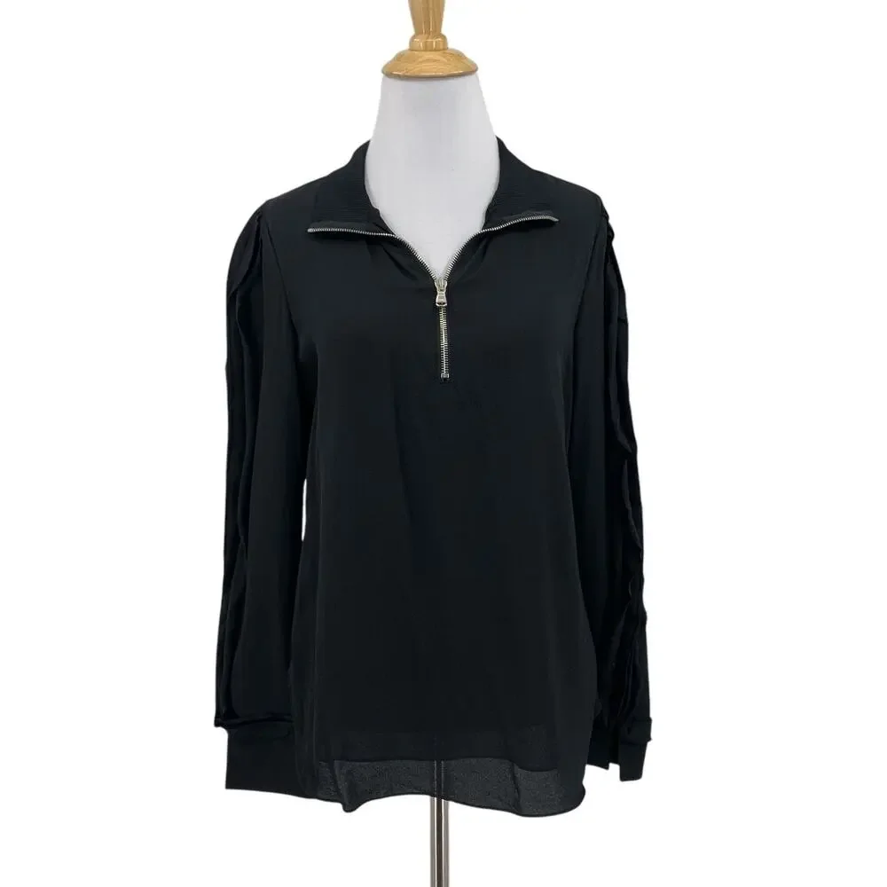 3.1 Phillip Lim Shirt Womens 4 Black Silk Ruffle Long Sleeve Quarter Zip Blouse - Picture 1 of 15